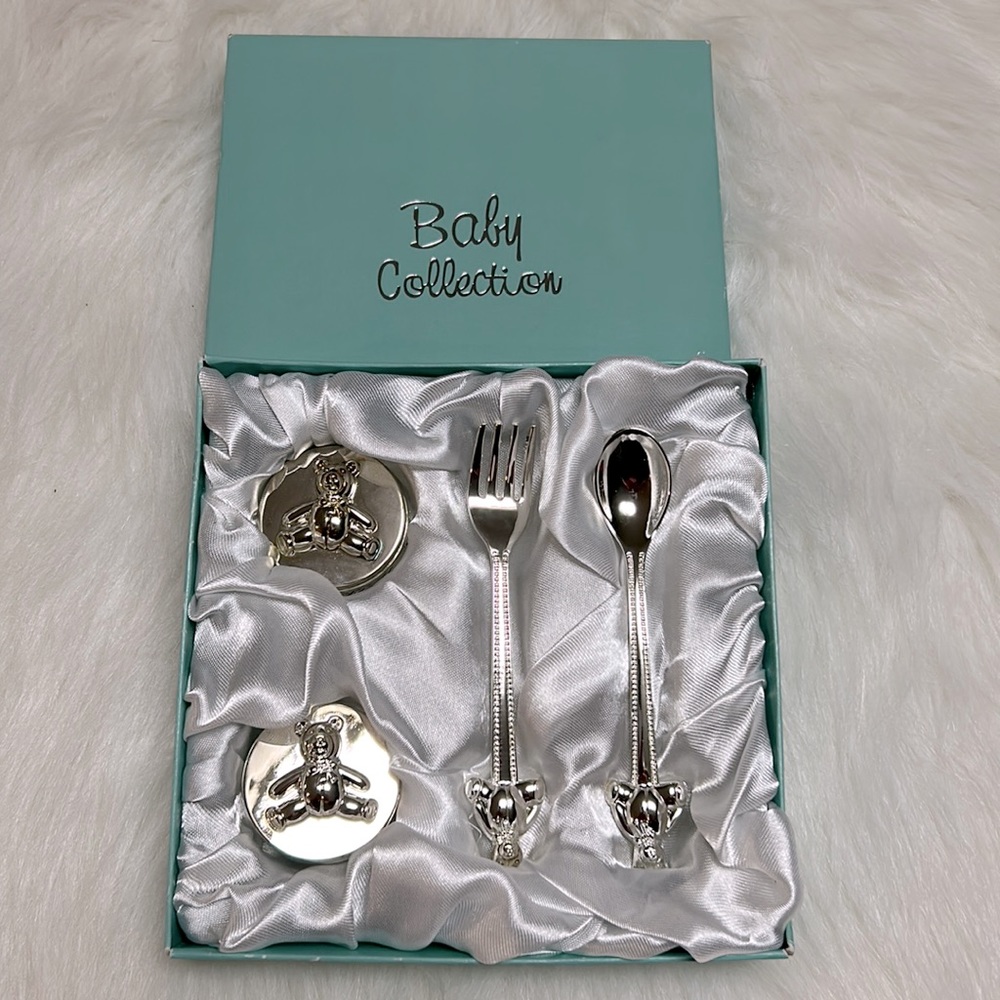 New Vintage Baby Collection Silver Plated Teddy Bear Keepsake 4pc. Gift Set
